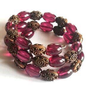 Handmade bracelet wine red glass beads antiqued copper metal memory wire